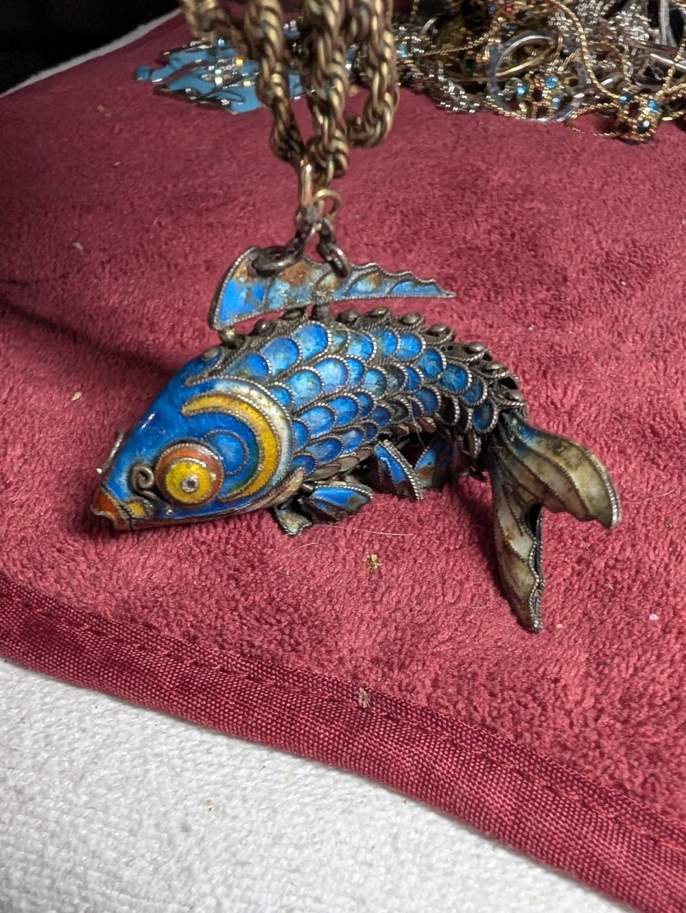 Blue Cloisonné Fish Pendant Necklace with Gold Accents